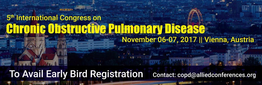 Allied academies invites all the participants across the globe to attend the 5th International Congress on Chronic Obstructive Pulmonary Disease slated on November 6-7, 2017 in Vienna, Austria.
Dates: November 6-7, 2017
Venue: Vienna, Austria.
Theme: Learn more about COPD to overcome the obstacle: Breathe better, Live more
COPD Congress 2017 will be organized by OMICS International along with its subsidiary allied academies which is comprised of 3000+ Global Events with over 600+ Conferences, 1200+ Symposiums and 1200+Workshops on diverse Medical, Pharmaceutical, Clinical, Engineering, Science, Technology, Business and Management field is organizing conferences all over the globe.
