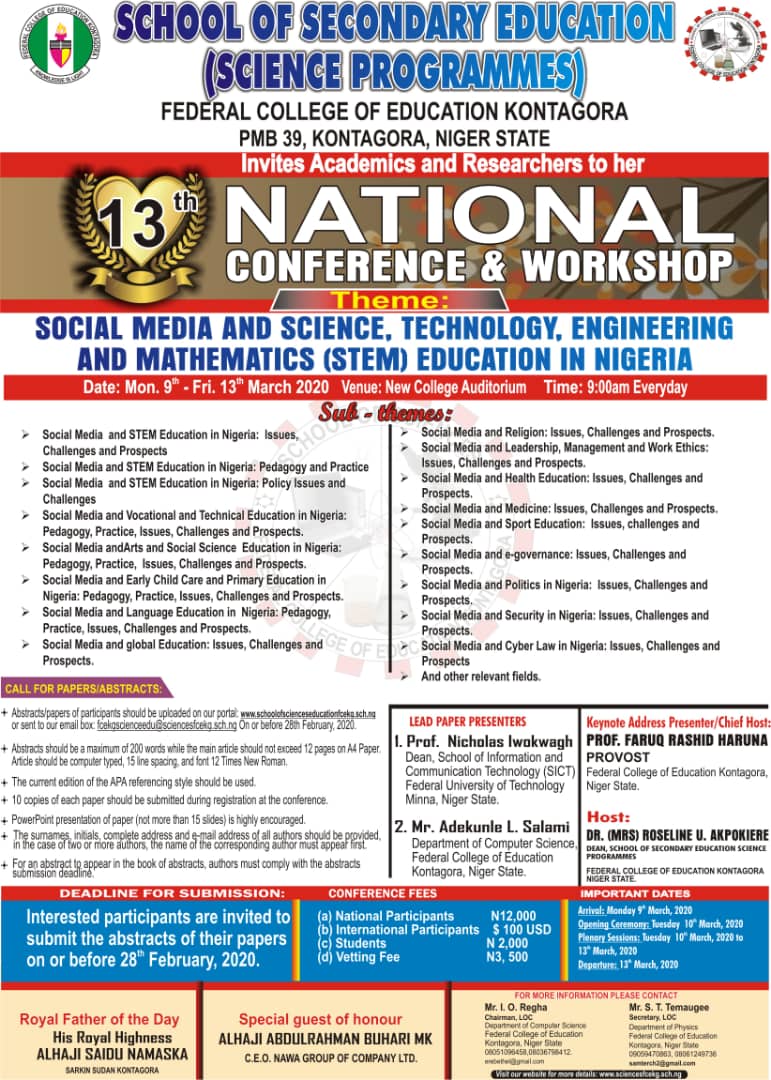 13th National Conference of School of Sciences, FCE Kontagora